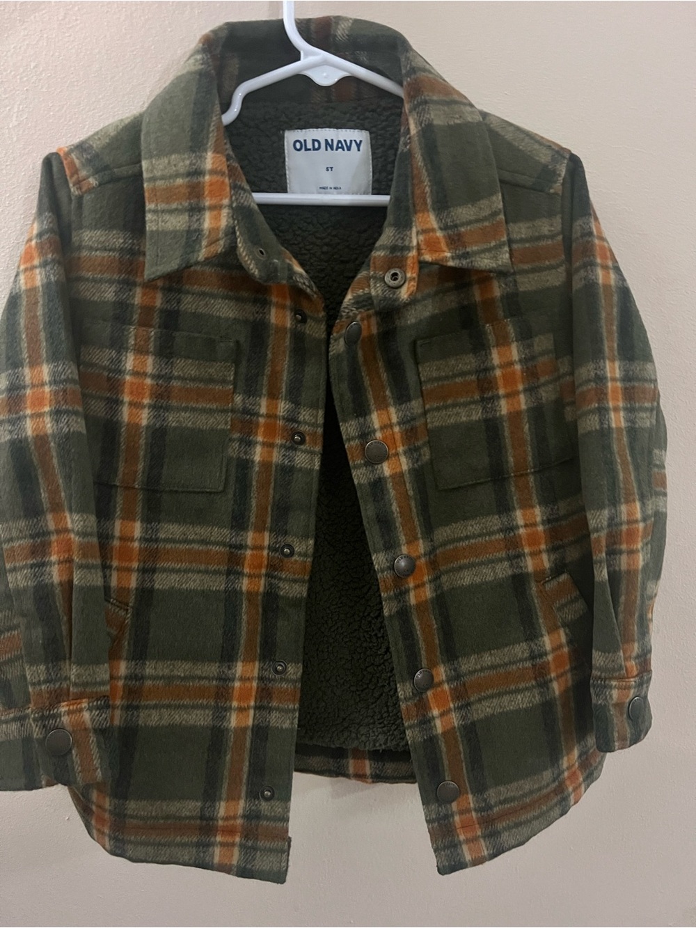Old Navy 5T Sherpa Lined Plaid Shacket Jacket Green Orange NWT